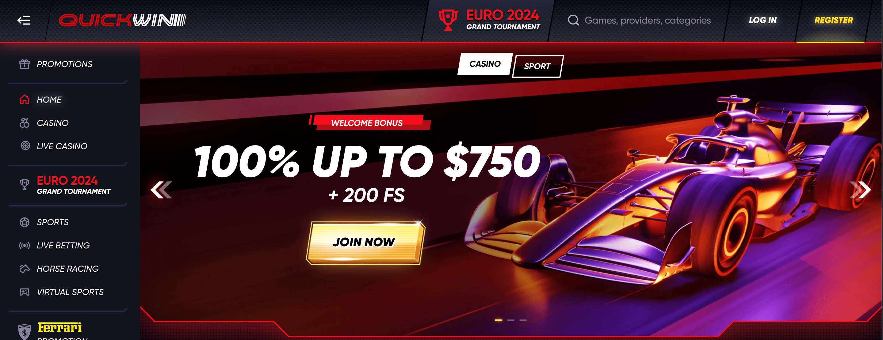 QuickWin Casino Homepage